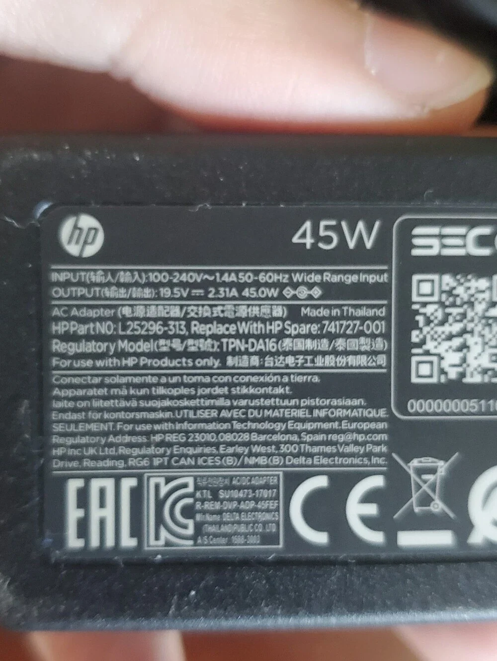 HP Black 45W Laptop Power Adapter with Cable